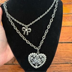 Dark Toned Silver Double Chain Heart & Ribbon Rhinestone Textured Chain Necklace